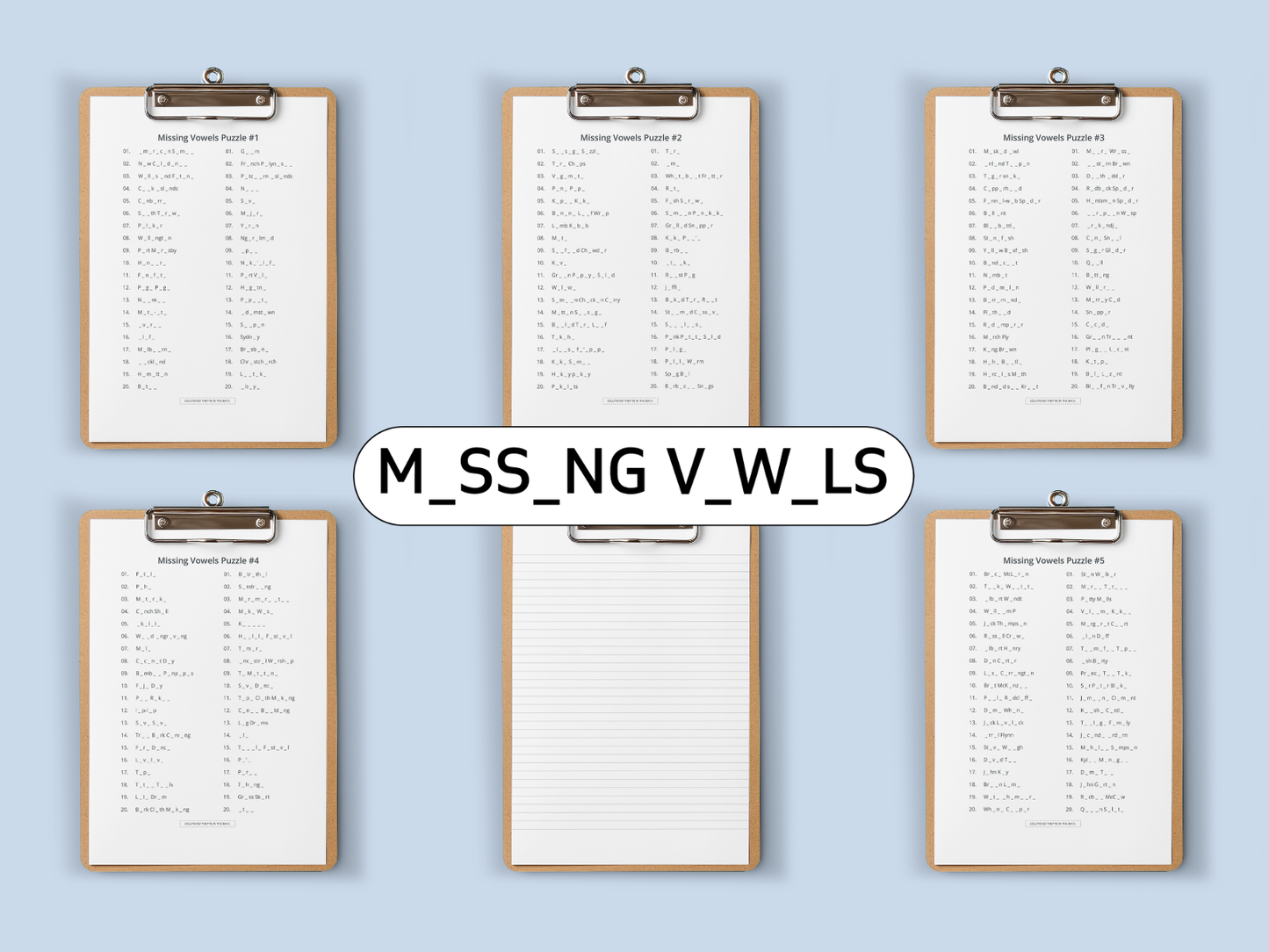 Six clipboards with missing vowel puzzles on a light blue background
