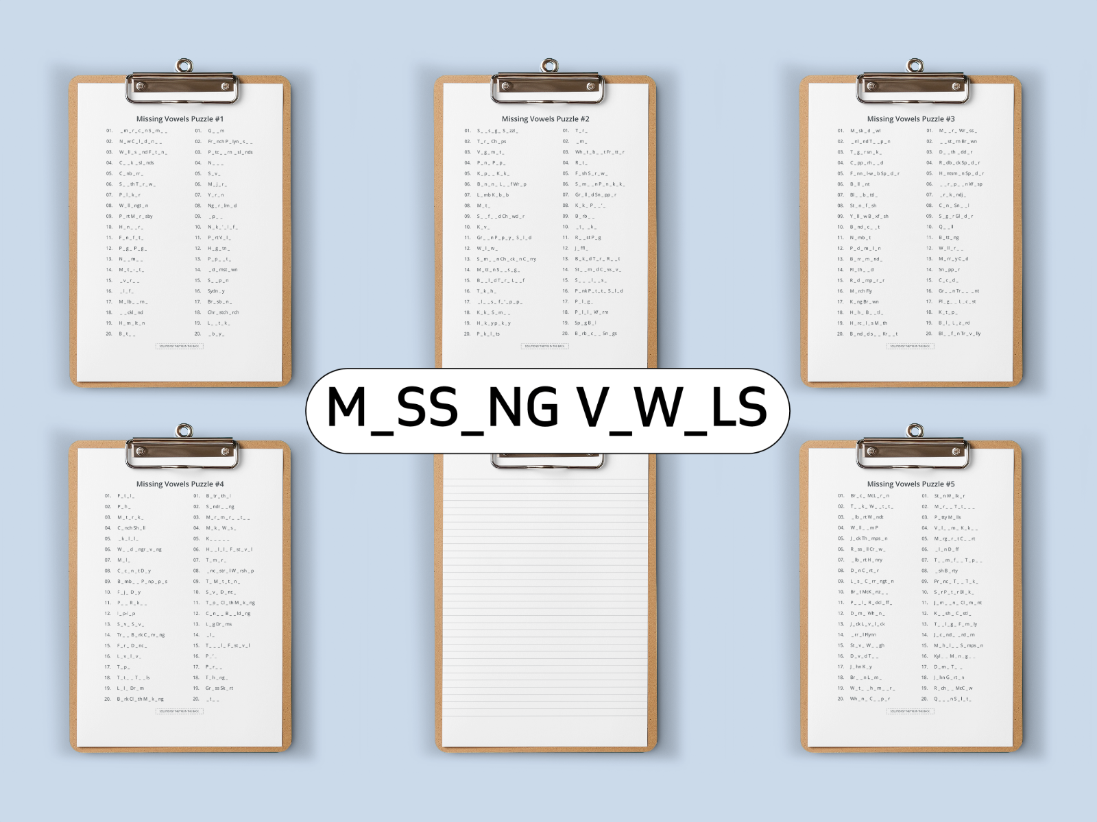 Six clipboards with missing vowel puzzles on a light blue background