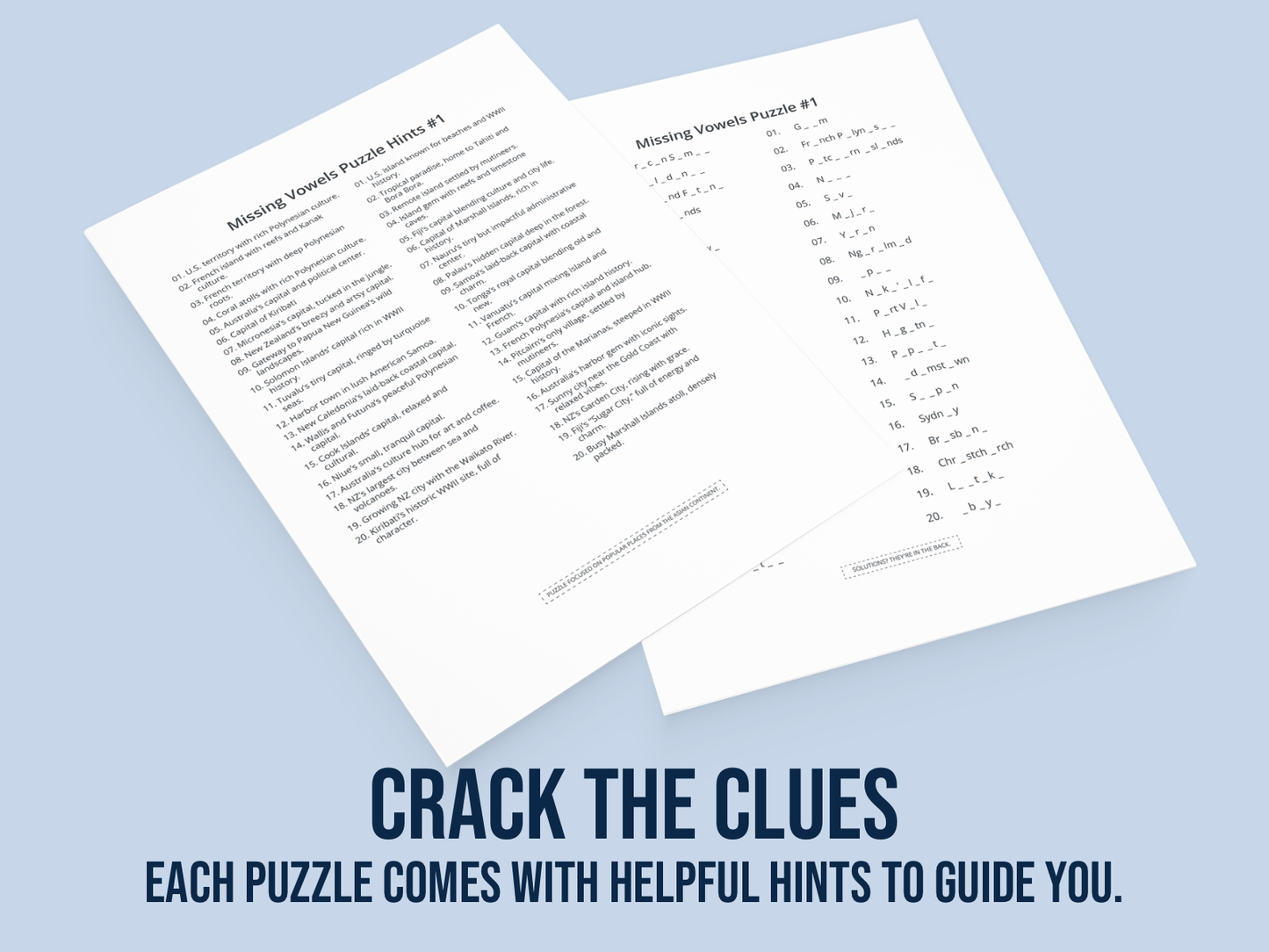Two Missing Vowels puzzles and text saying "Crack the clues" on a blue background