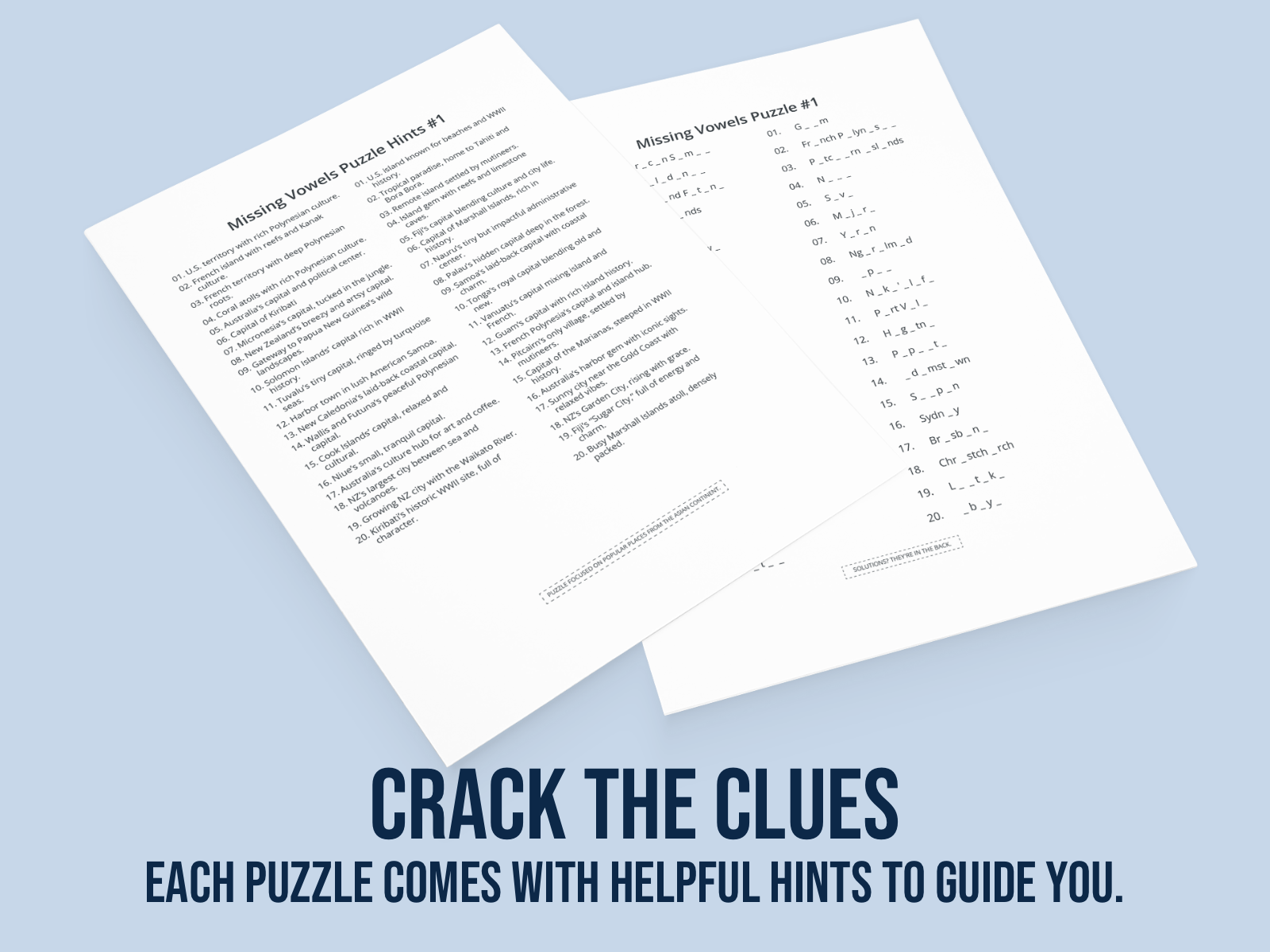 Two Missing Vowels puzzles and text saying "Crack the clues" on a blue background