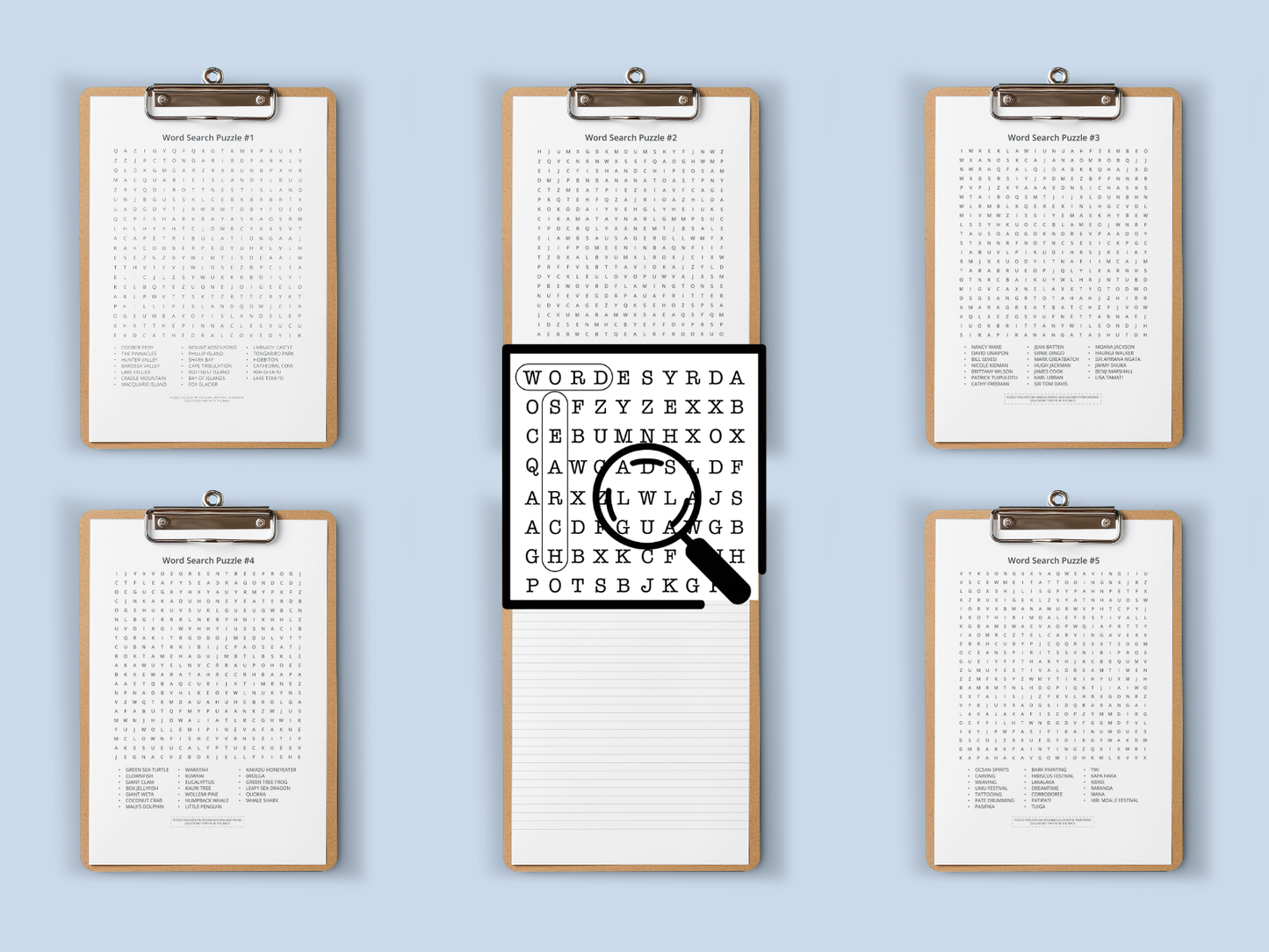 Set of 6 word search puzzles on clipboards with a magnifying glass graphic which reads our Word Search.