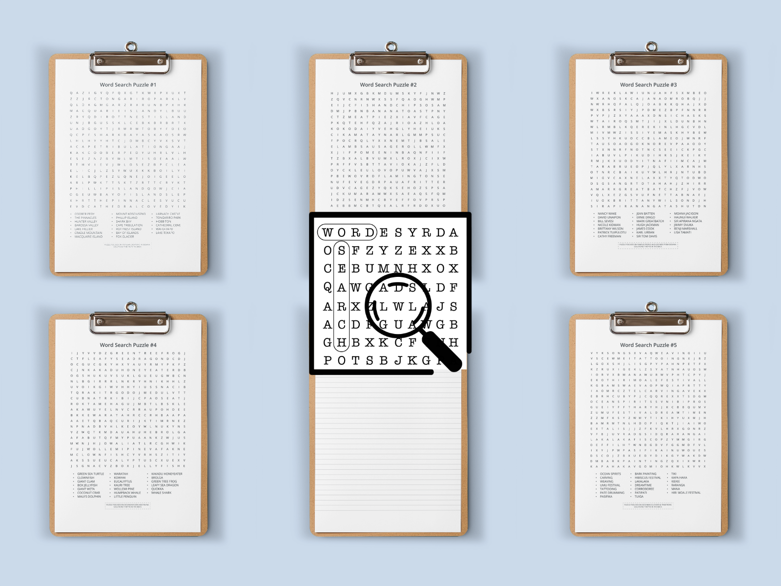 Set of 6 word search puzzles on clipboards with a magnifying glass graphic which reads our Word Search.