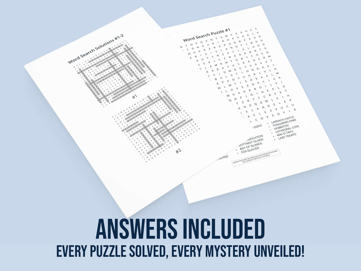 Two word search puzzles on a light blue background with text indicating answers are included.