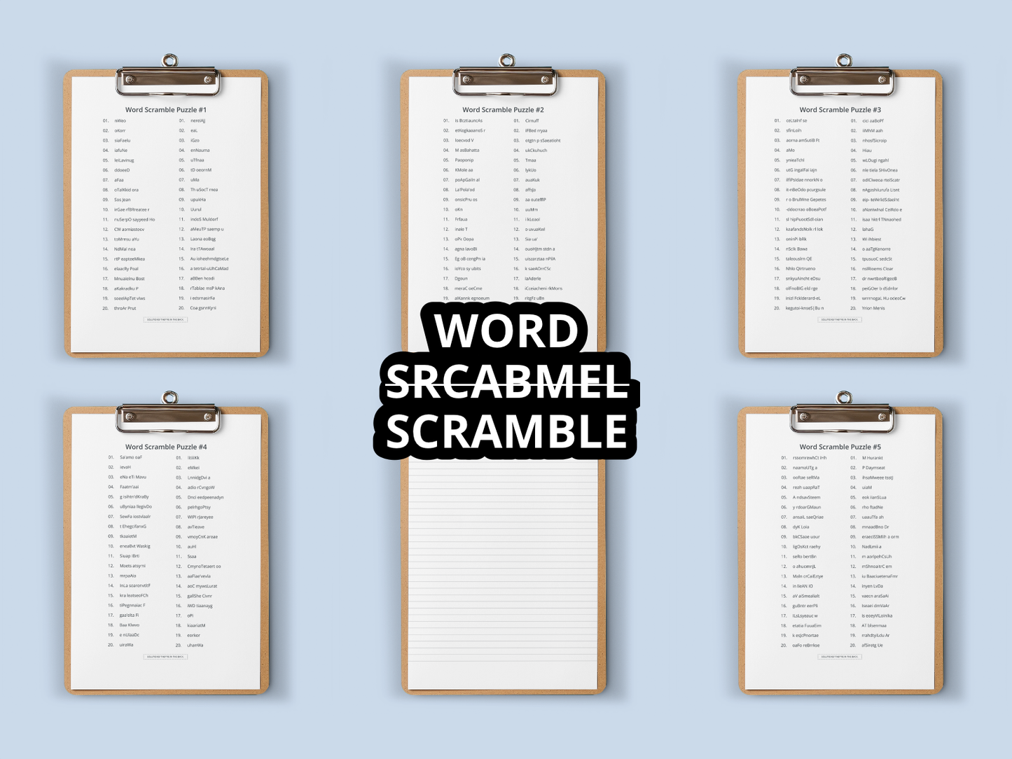 Set of 6 clipboards with word scramble lists on a light blue background