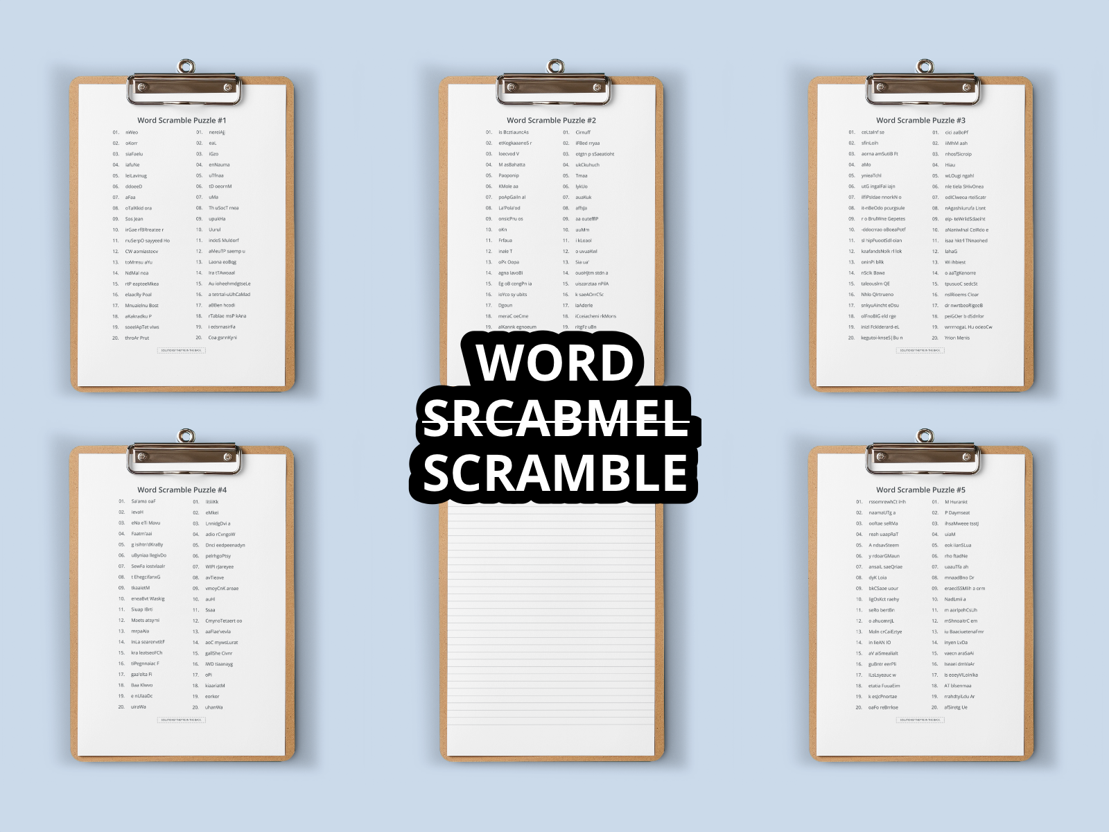 Set of 6 clipboards with word scramble lists on a light blue background