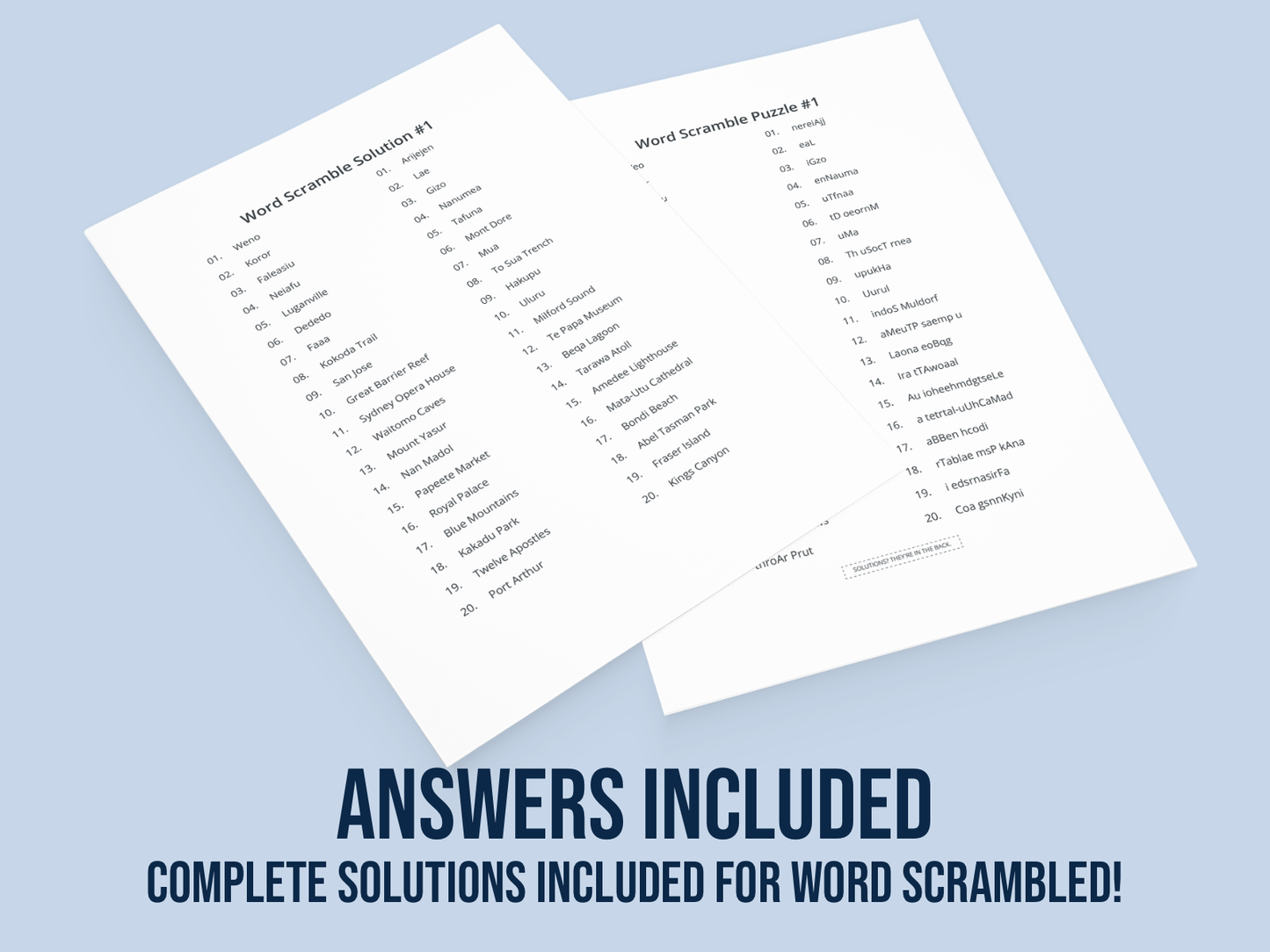 Two sheets of paper with word scramble puzzles and answers on a light blue background.