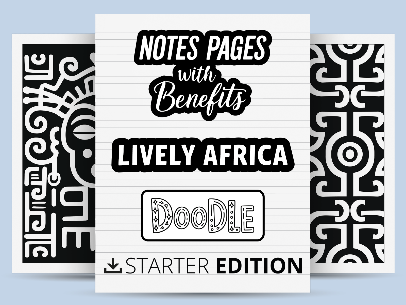 An Open notebook with 'Lively Africa Doodle' design on a light blue background and text overlay of "Starter Edition". 