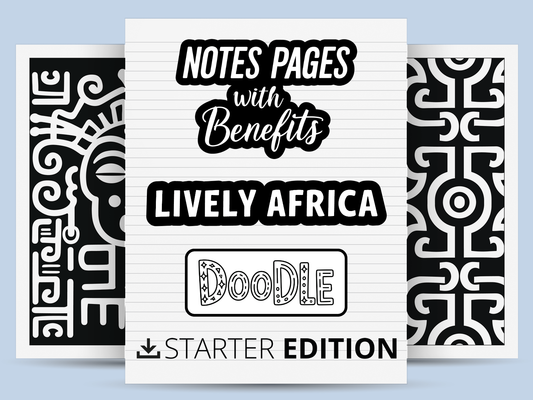 An Open notebook with 'Lively Africa Doodle' design on a light blue background and text overlay of "Starter Edition". 