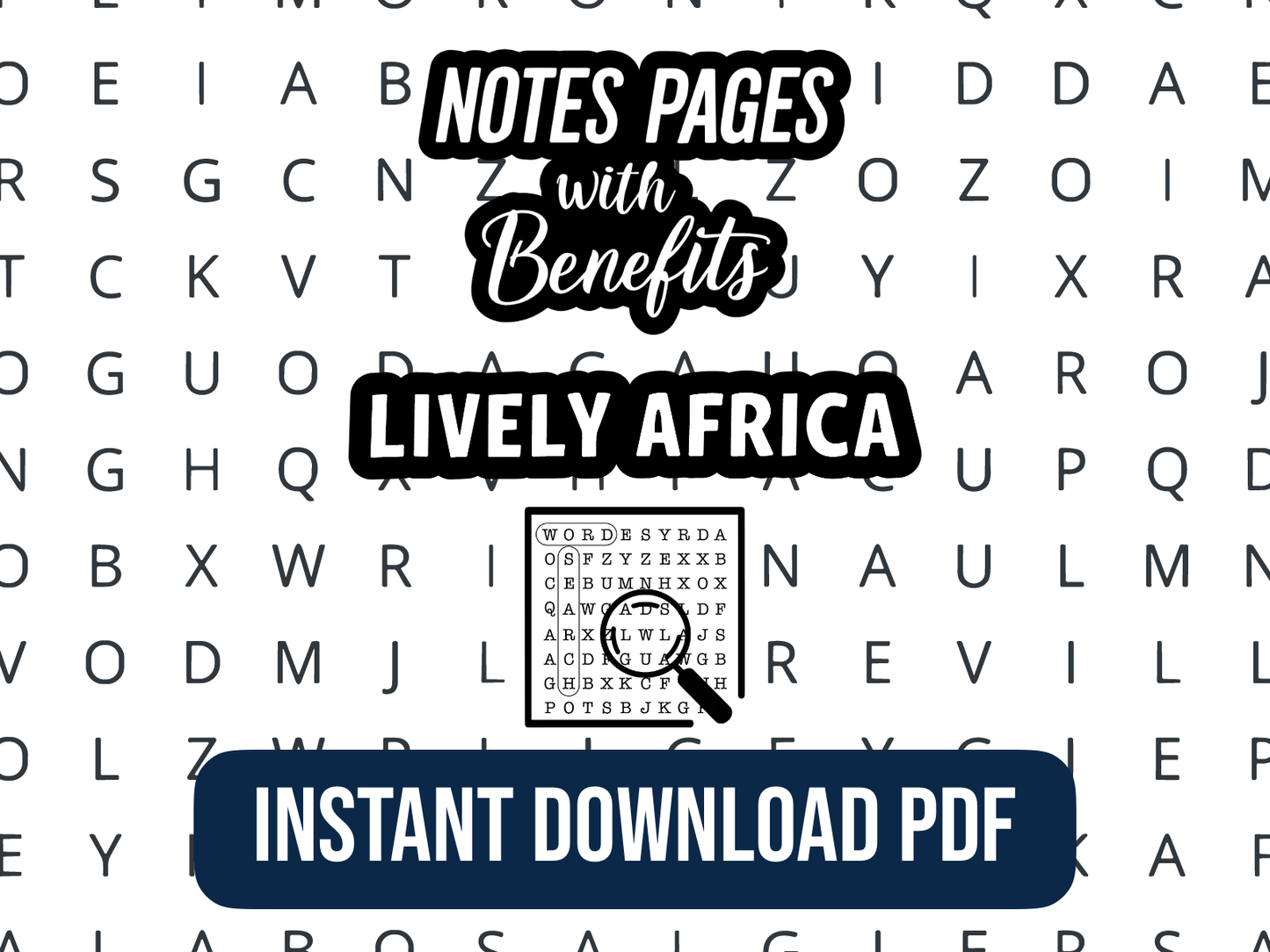 Promotional graphic for 'Notes Pages with Benefits' by Lively Africa, featuring a word search puzzle.