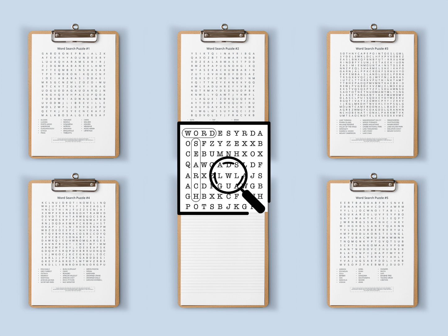 Set of six word search puzzles on clipboards with a magnifying glass icon.