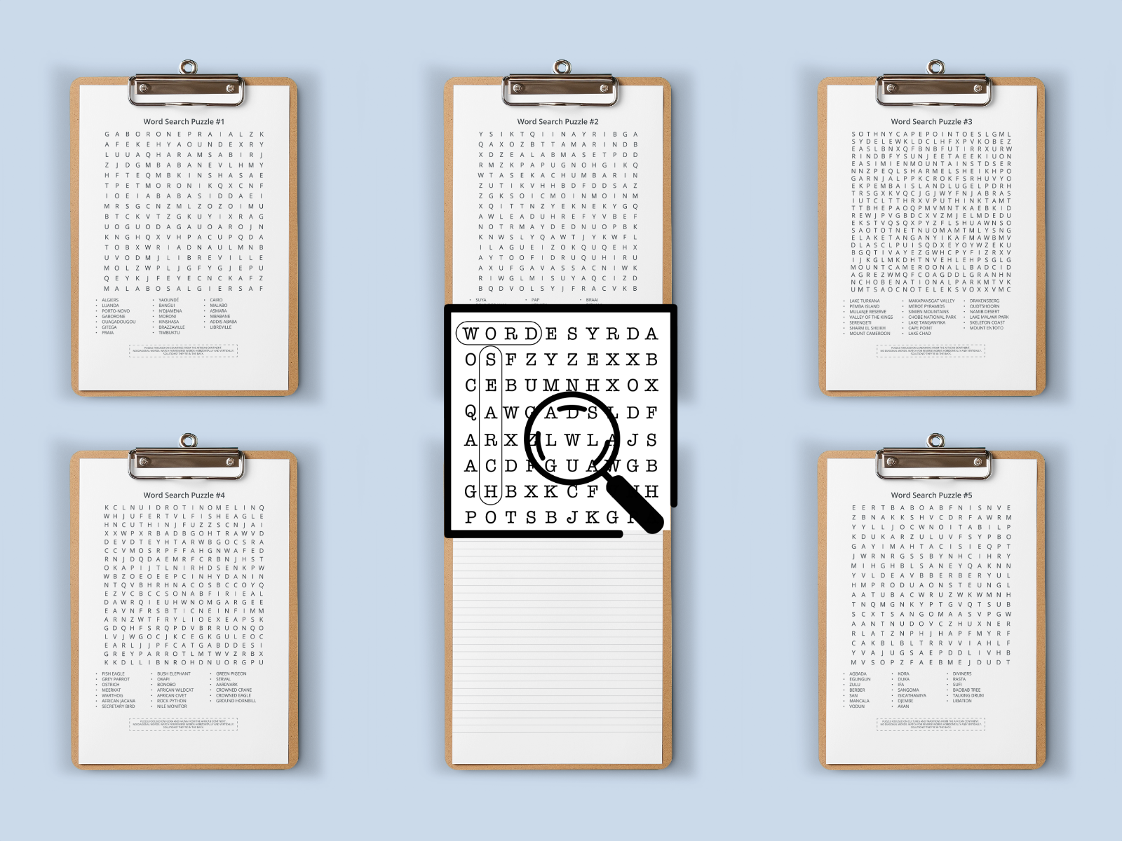 Set of six word search puzzles on clipboards with a magnifying glass icon.