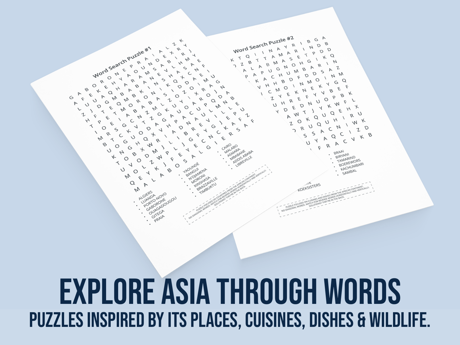 Two word search puzzles on a light blue background with text promoting exploration of Asia through words.