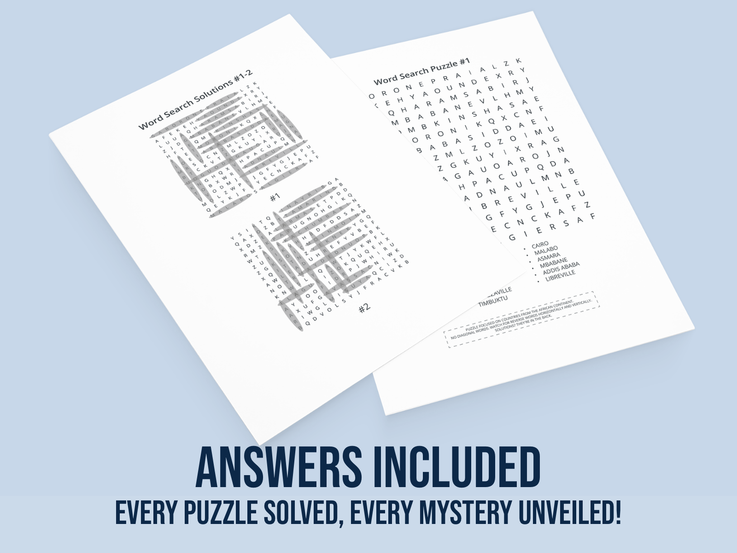 Two word search puzzles on a light blue background with text indicating answers are included.