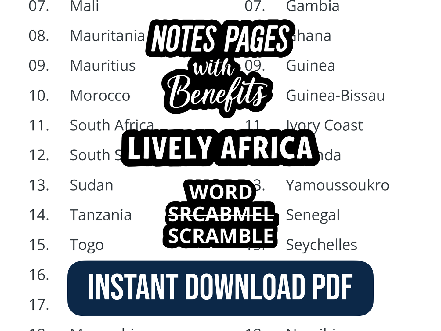 Word Scramble puzzle with text overlay on  promotional text  containing 'Lively Africa, Notes Pages with Benefits, and Instant Download PDF".
