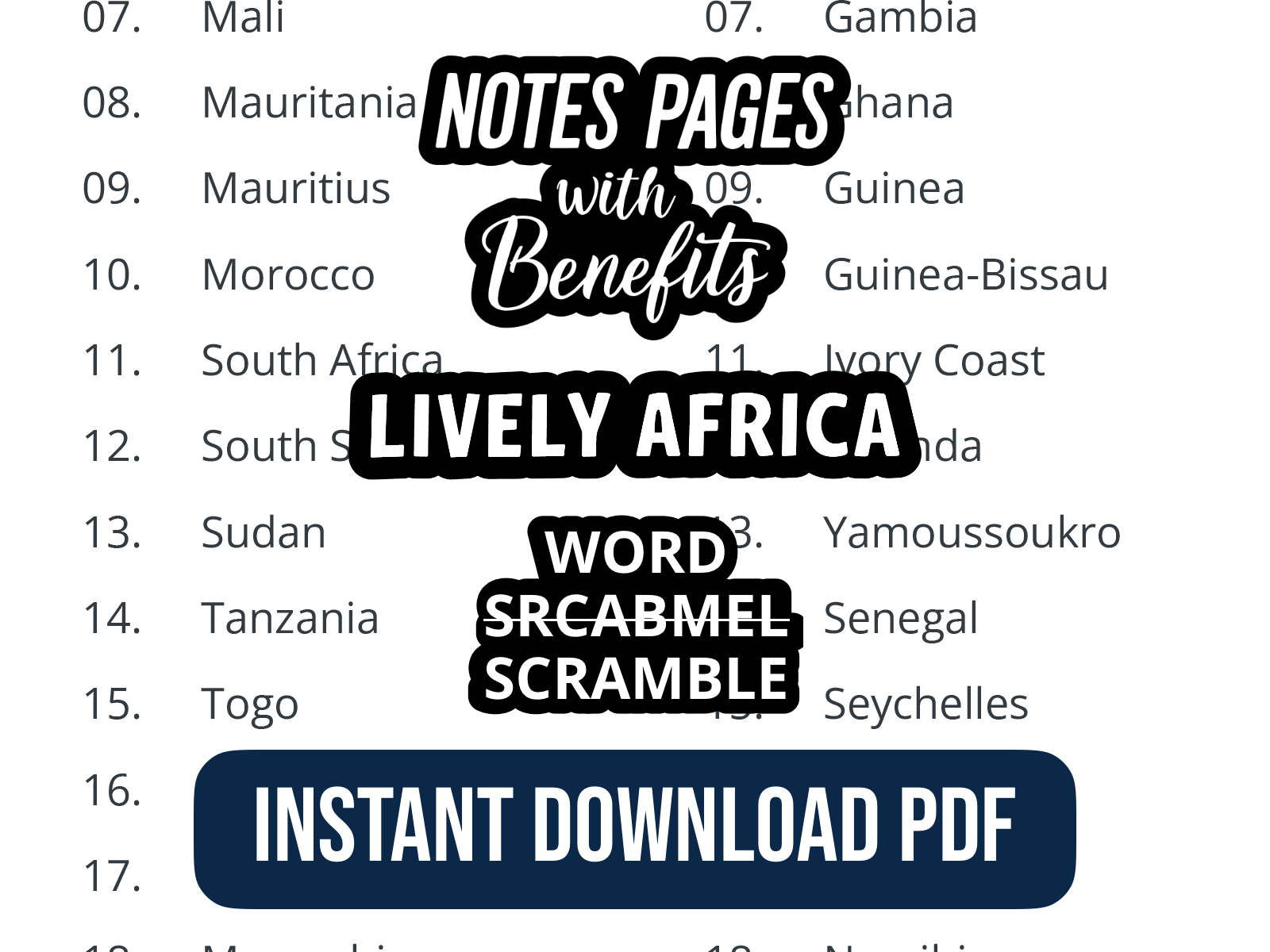 Word Scramble puzzle with text overlay on  promotional text  containing 'Lively Africa, Notes Pages with Benefits, and Instant Download PDF".