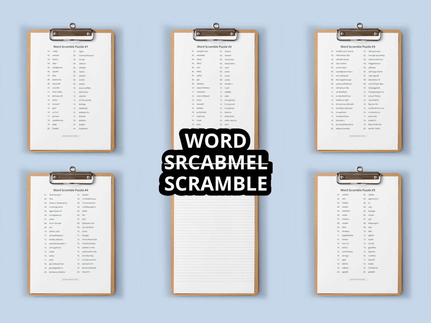 Six clipboards with word scramble lists on a light blue background, featuring the text 'WORD SCRABBLE'.