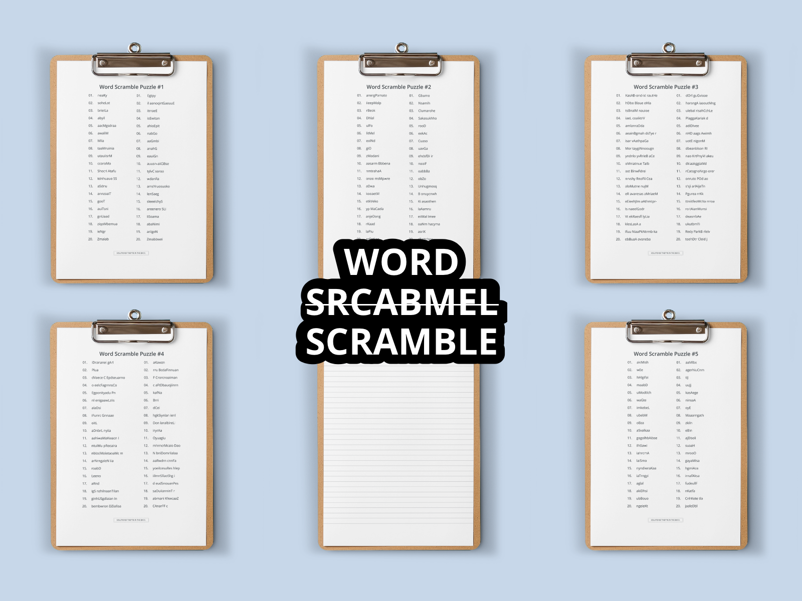 Six clipboards with word scramble lists on a light blue background, featuring the text 'WORD SCRABBLE'.