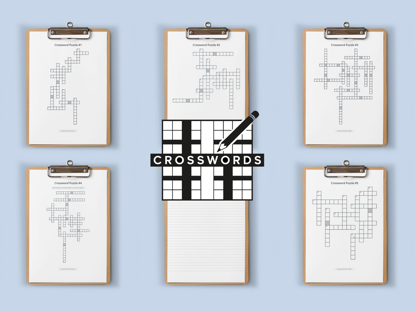 Set of six crossword puzzles on clipboards with a central crossword puzzle graphic and text.
