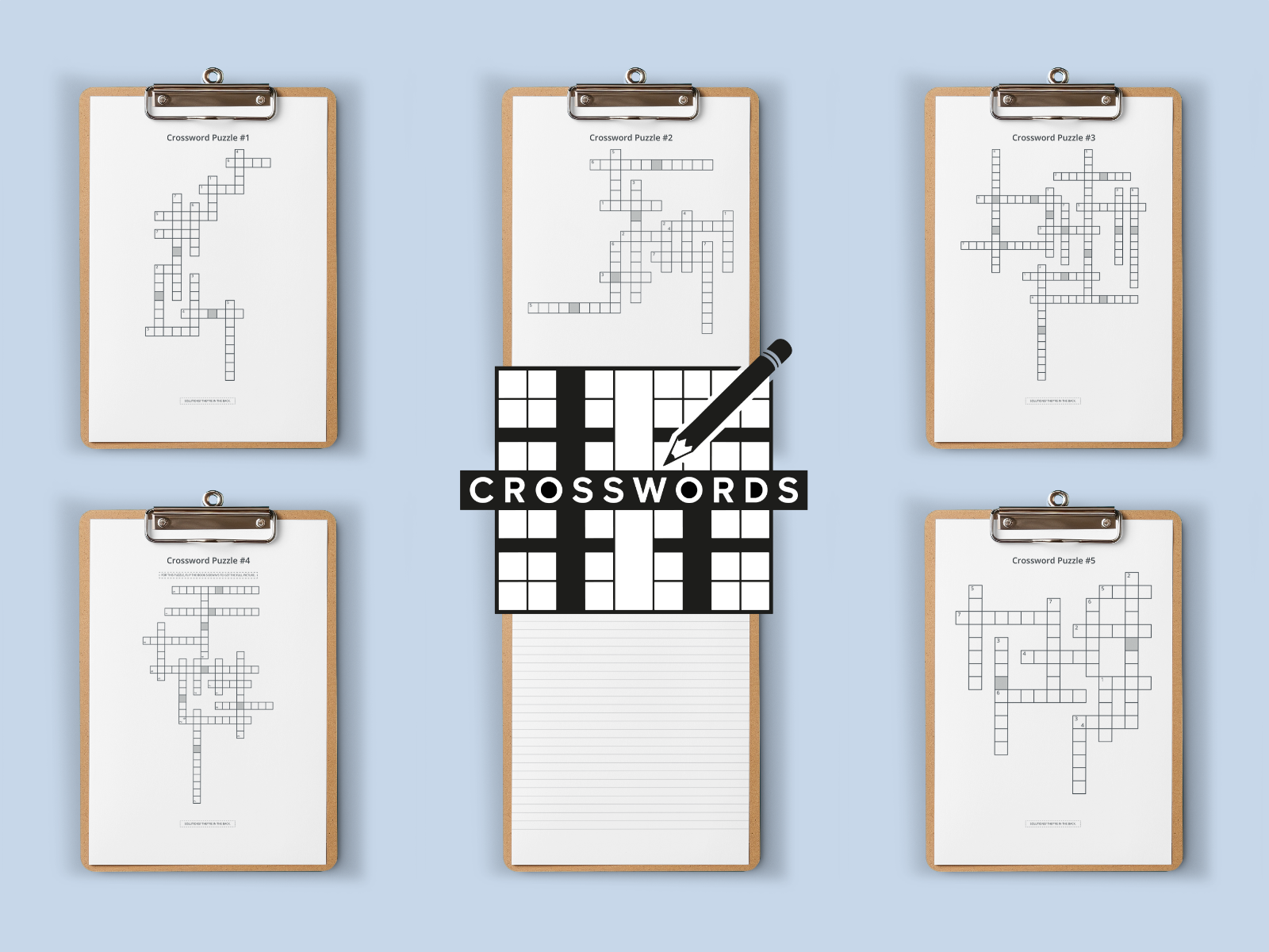 Set of six crossword puzzles on clipboards with a central crossword puzzle graphic and text.