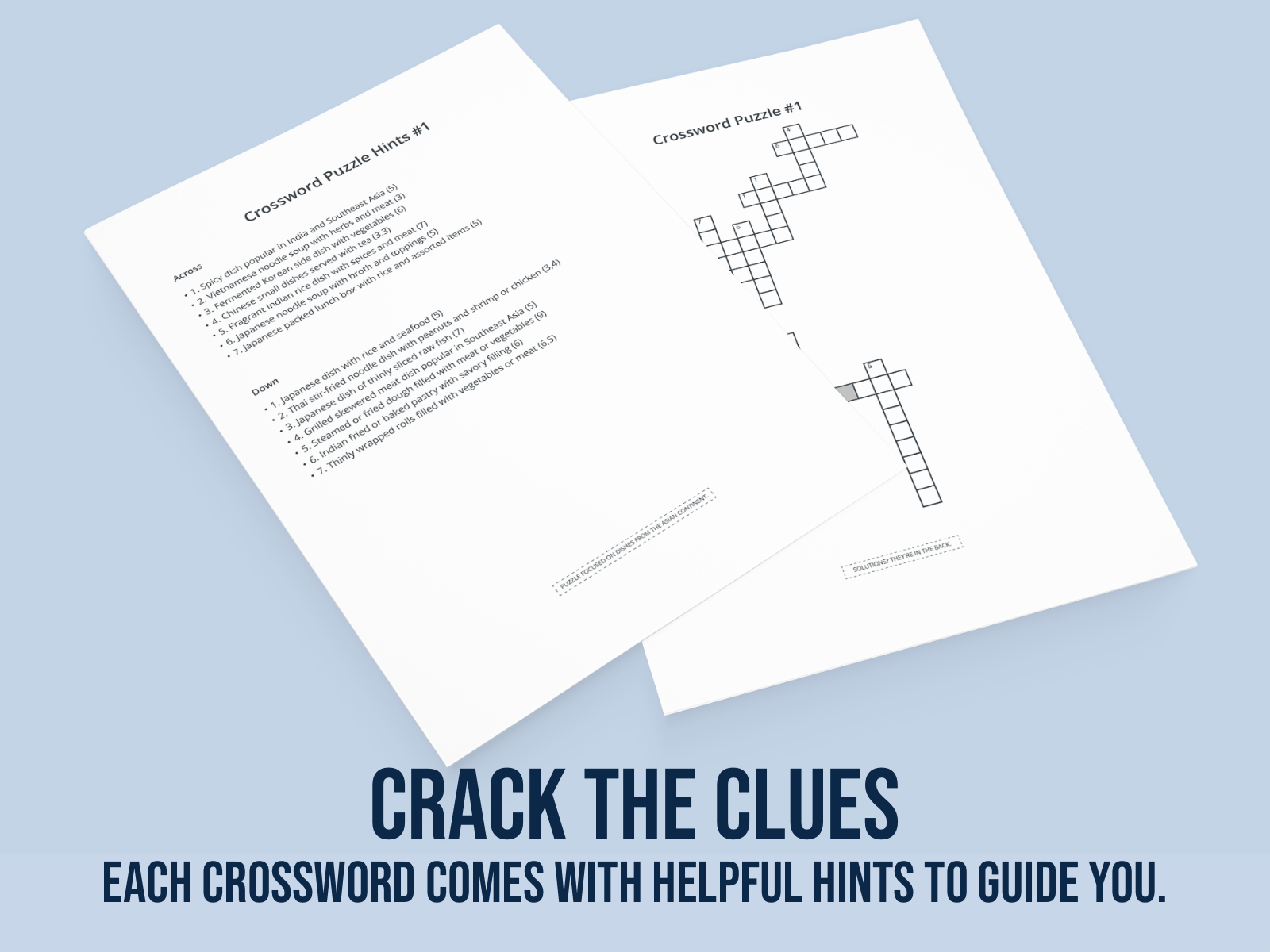 Two crossword puzzles on a light blue background with text encouraging users to 'Crack the Clues'.