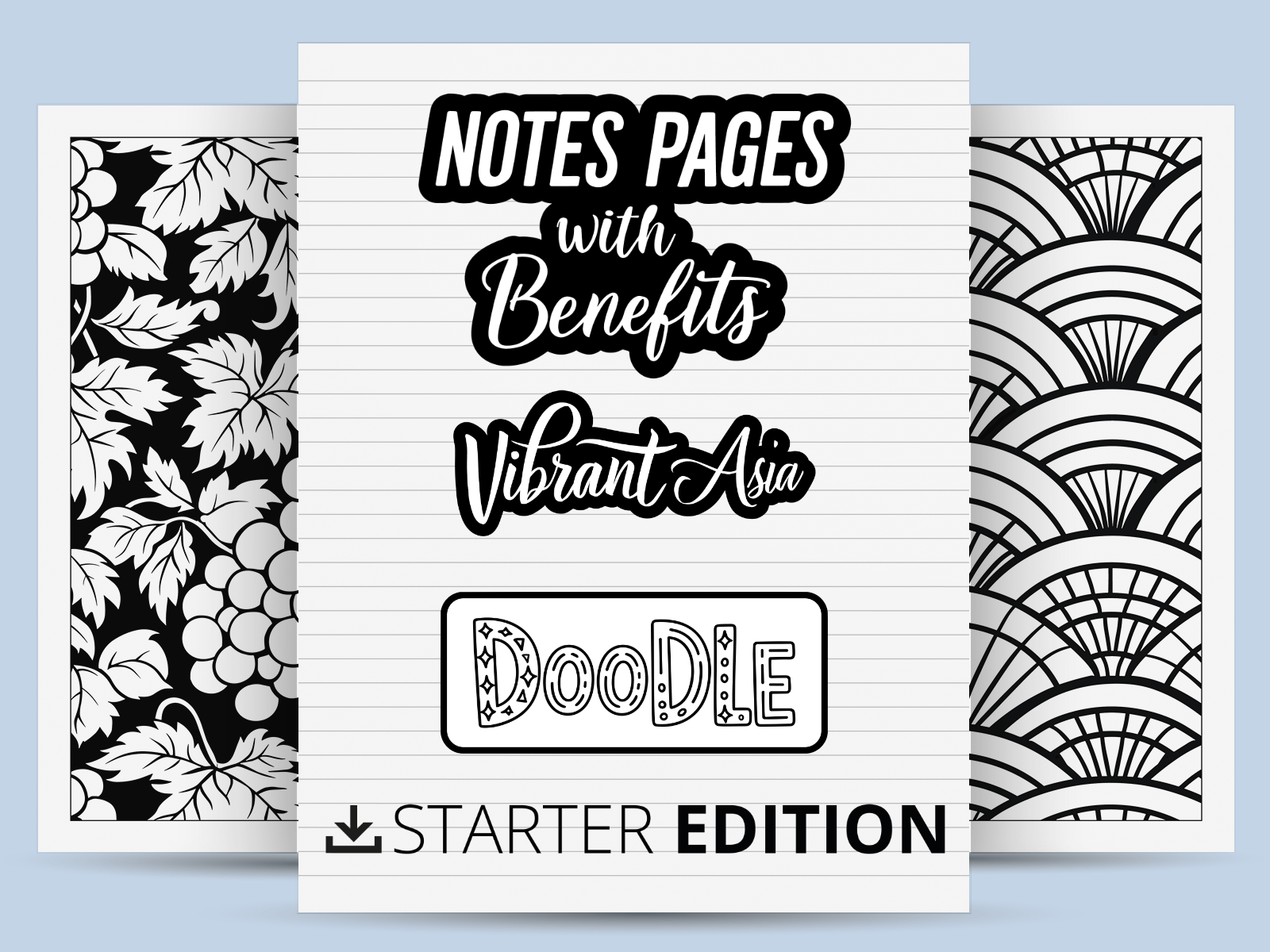 Promo cover for Note pages with benefits doodle starter edition on a light blue background