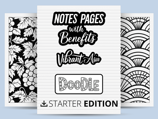 Promo cover for Note pages with benefits doodle starter edition on a light blue background