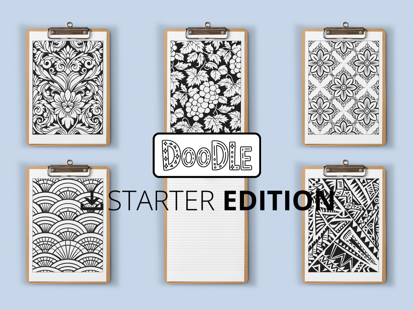 Set of six black and white doodle designs on clipboards with 'Doodle Starter Edition' text on a light blue background.