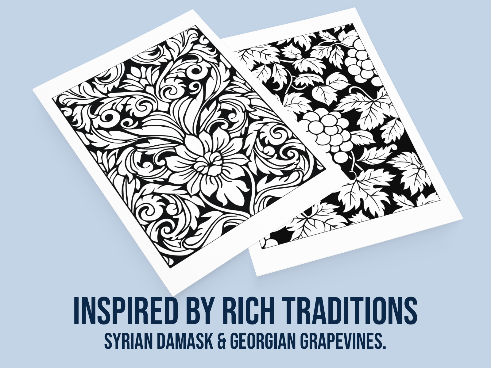 Two floral design sheets with text 'Inspired by Rich Traditions' on a light blue background