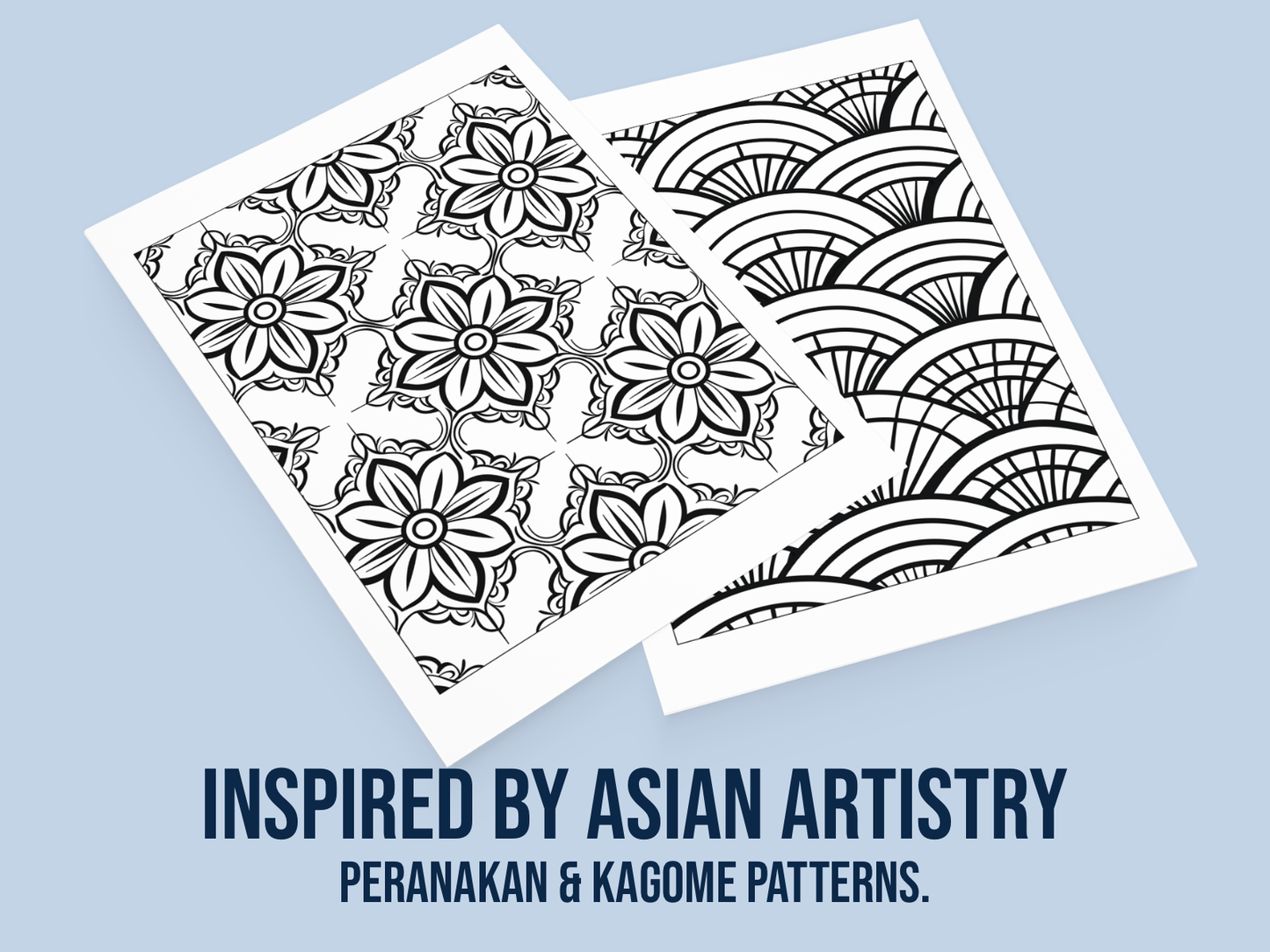 Two sheets of paper with black floral and wave patterns on a light blue background, inspired by Asian artistry.