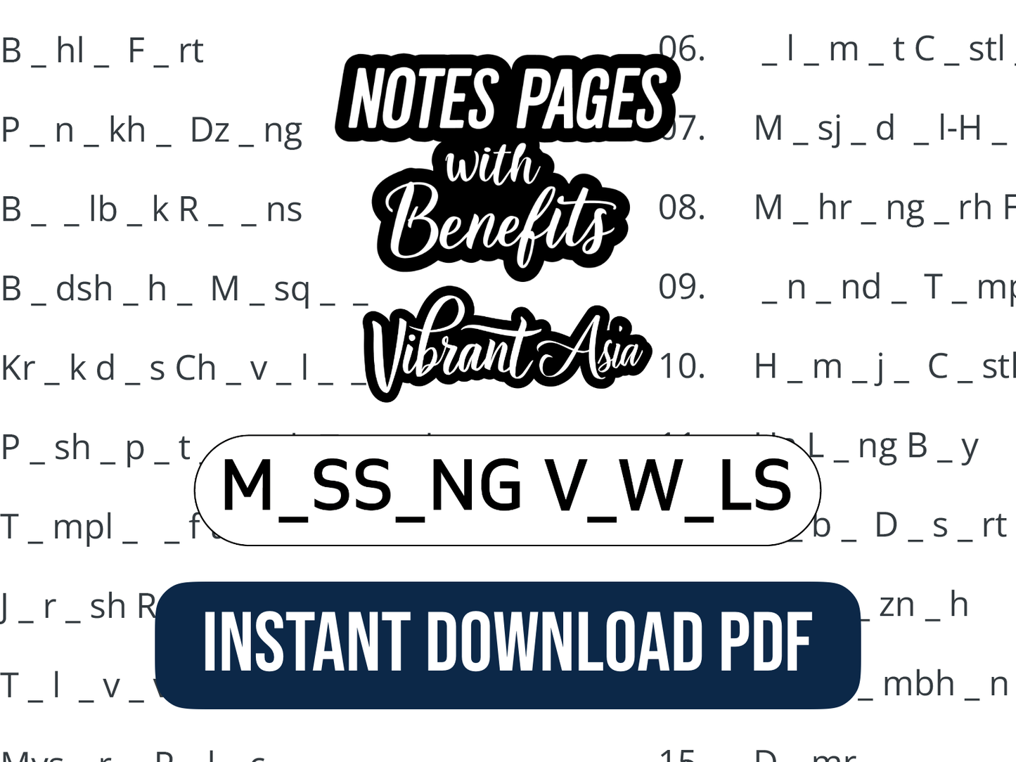 Promotional cover with a text overlay on a white background with promotional text for 'Notes Pages with Benefits' from 'Vibrant Asia'.