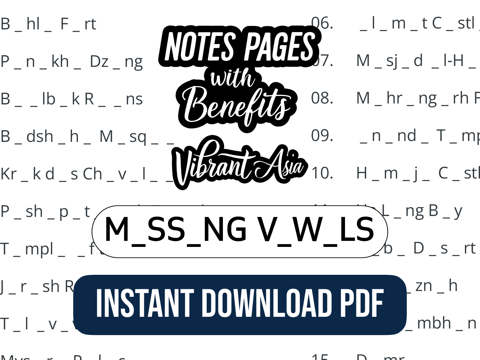 Promotional cover with a text overlay on a white background with promotional text for 'Notes Pages with Benefits' from 'Vibrant Asia'.