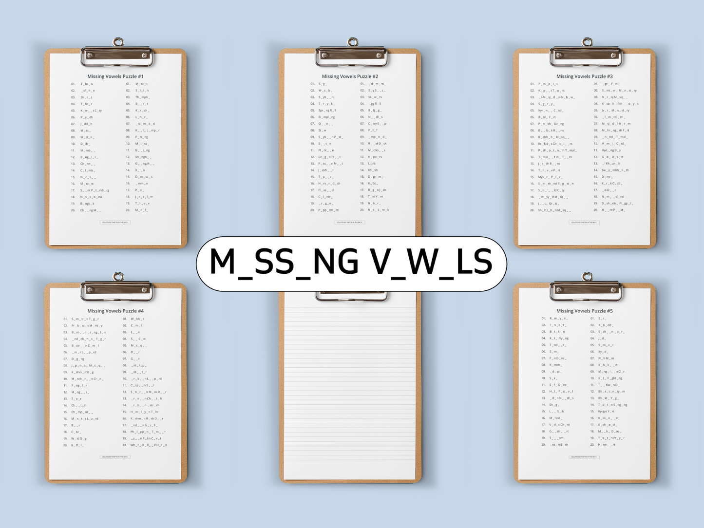 Six clipboards each with a Missing vowels puzzle on a light blue background, featuring letters M, S, N, G, V, W, and LS.