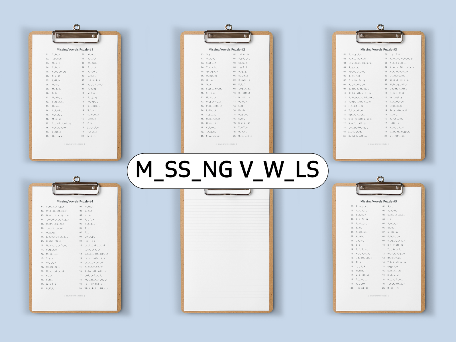 Six clipboards each with a Missing vowels puzzle on a light blue background, featuring letters M, S, N, G, V, W, and LS.