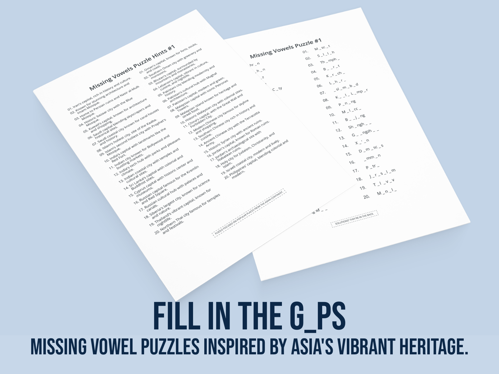 Two sheets of paper with missing vowel puzzles on a light blue background.