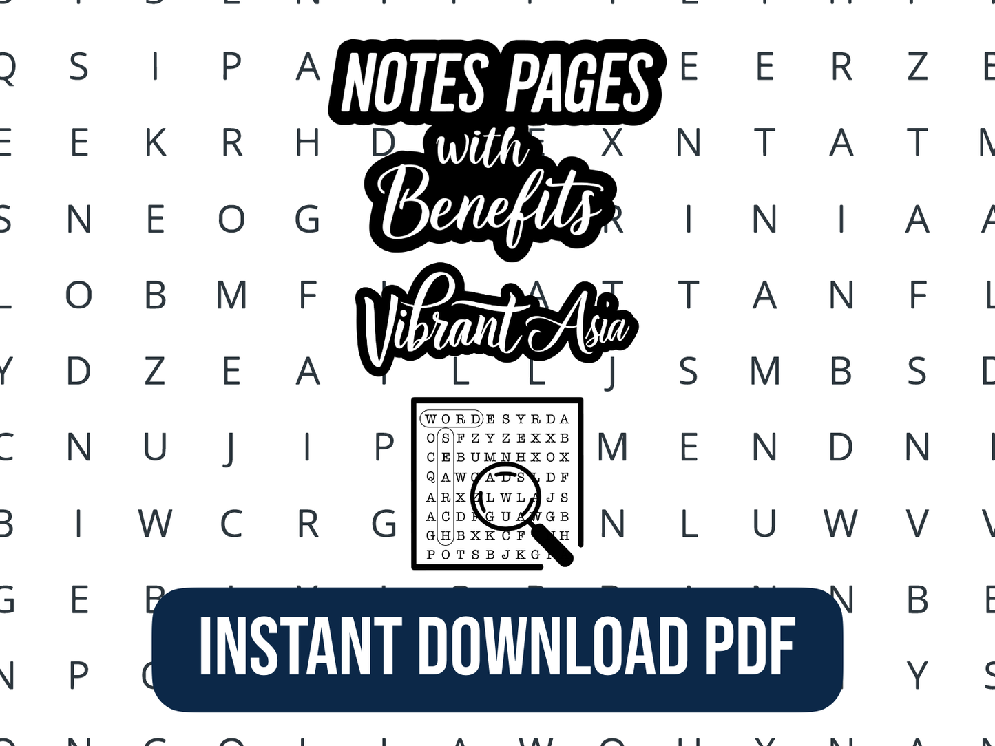 Promotional graphic for 'Notes Pages with Benefits' by Vibrant Asia, featuring a magnifying glass over text on a word search background.