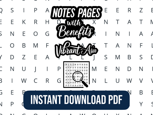 Promotional graphic for 'Notes Pages with Benefits' by Vibrant Asia, featuring a magnifying glass over text on a word search background.