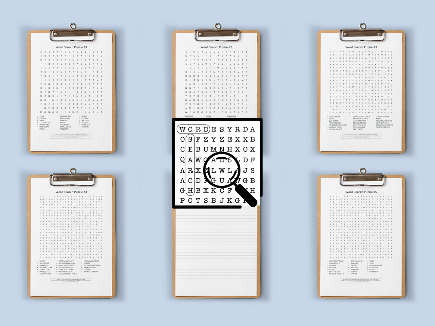 Set of six word search puzzles on clipboards with a magnifying glass icon.