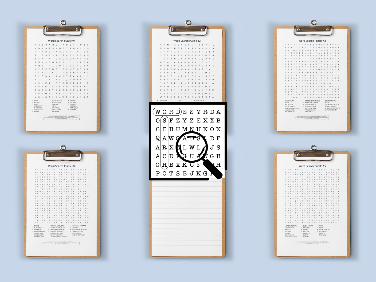 Set of six word search puzzles on clipboards with a magnifying glass icon.