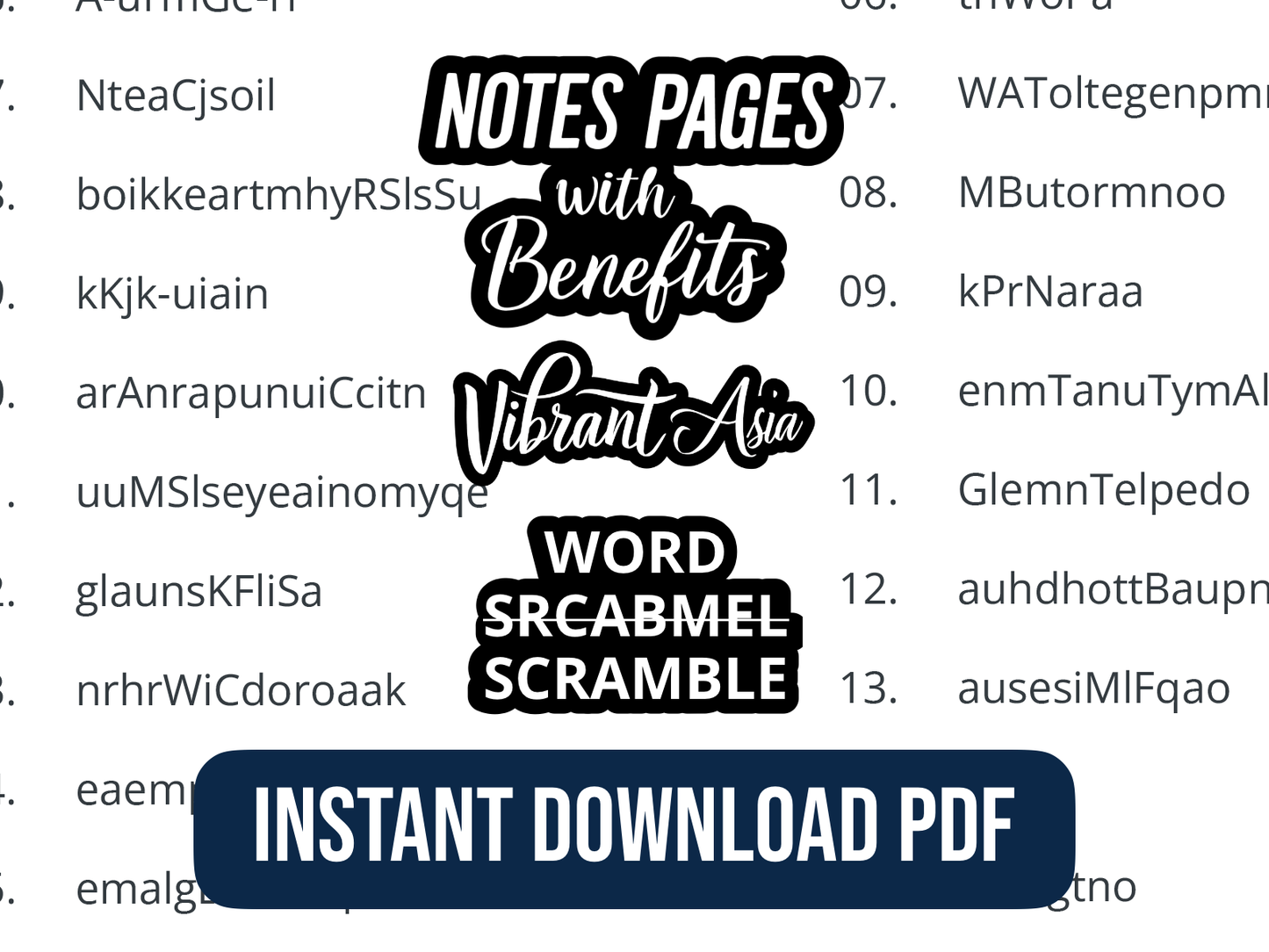 Promotional cover of a scrambled words puzzle with a text saying instant download PDF.
