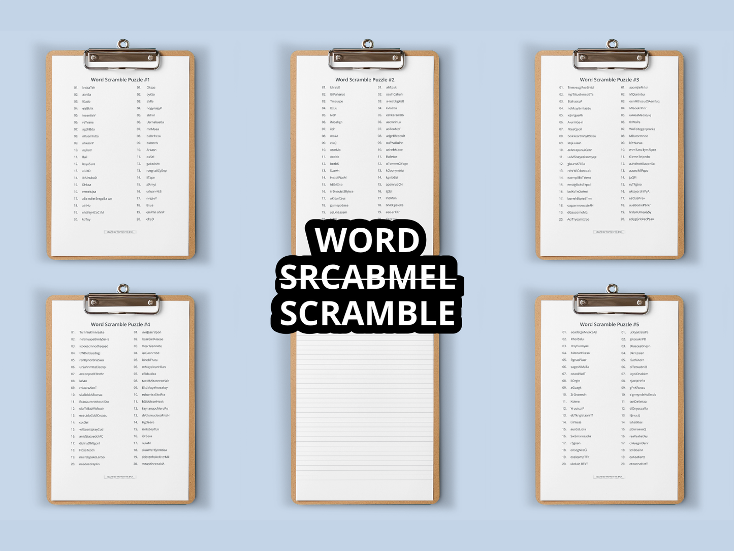 Six clipboards with word scramble puzzles on a light blue background, featuring the text 'WORD SCRABBLE.