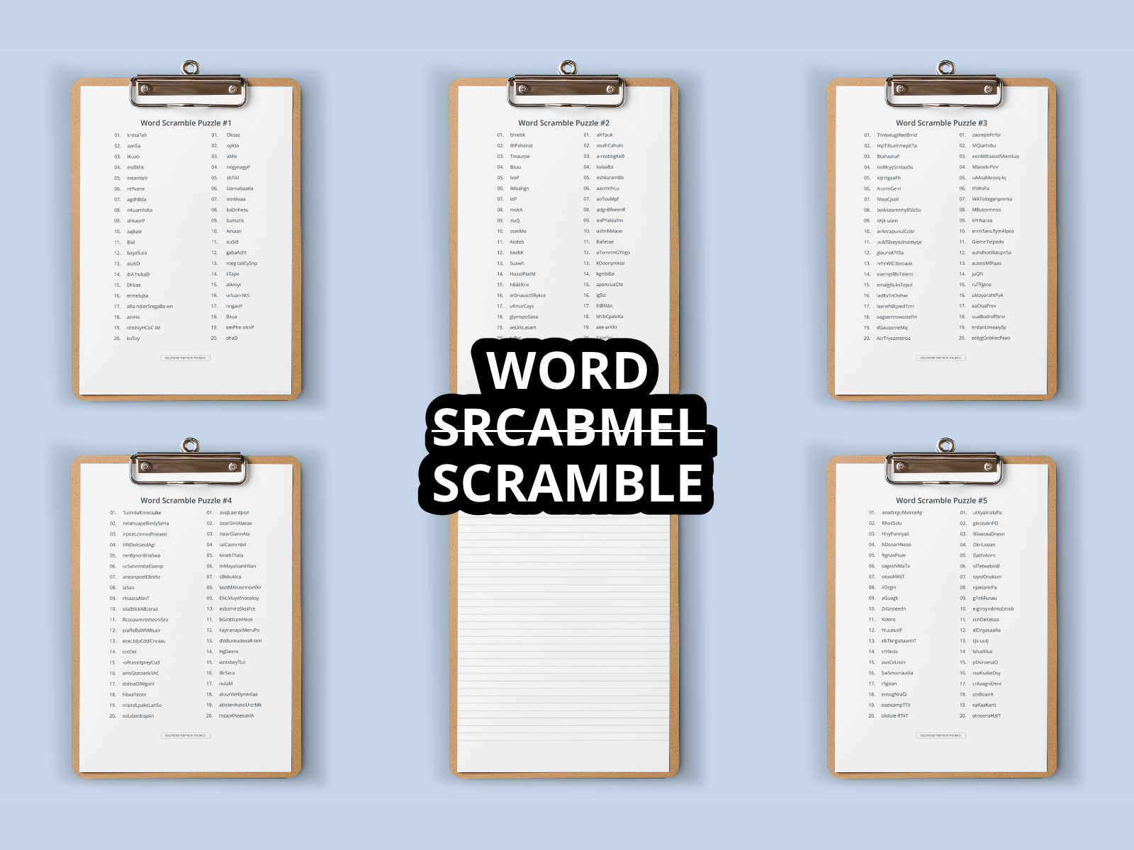 Six clipboards with word scramble puzzles on a light blue background, featuring the text 'WORD SCRABBLE.