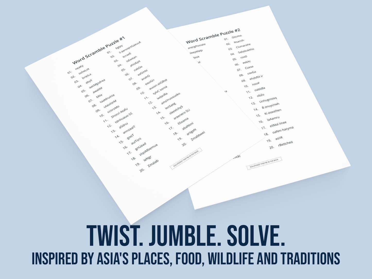 Two word scramble puzzles on a light blue background with text 'Twist. Jumble. Solve.'