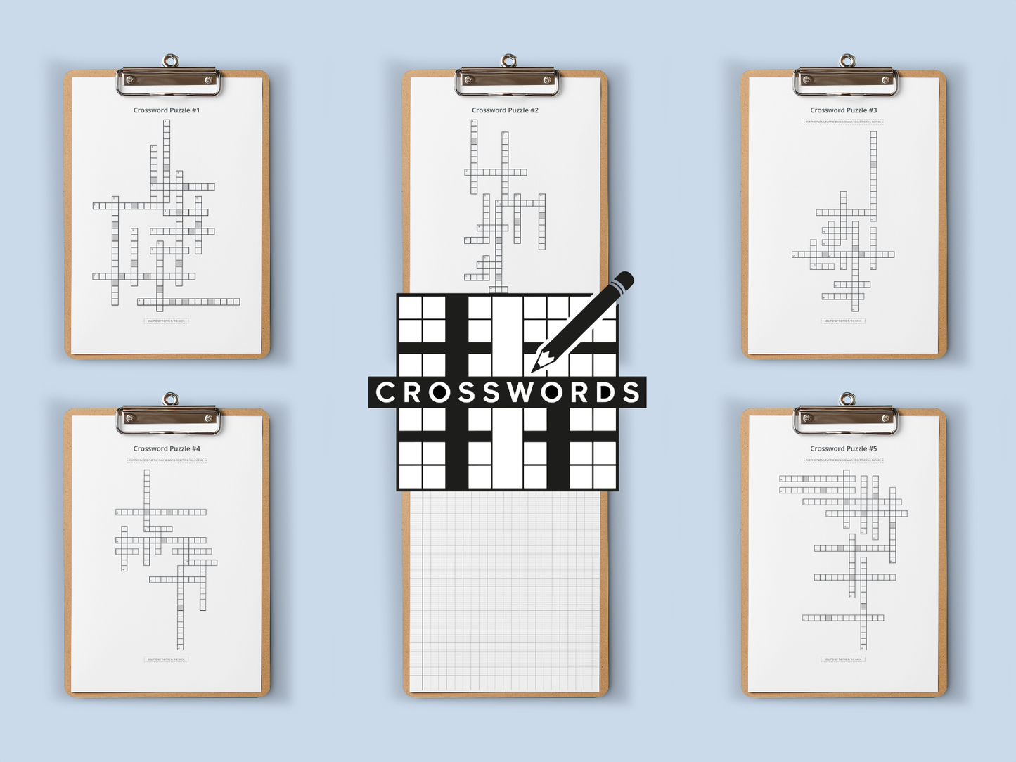 Set of 6 crossword puzzles on clipboards with a central 'Crosswords' logo.