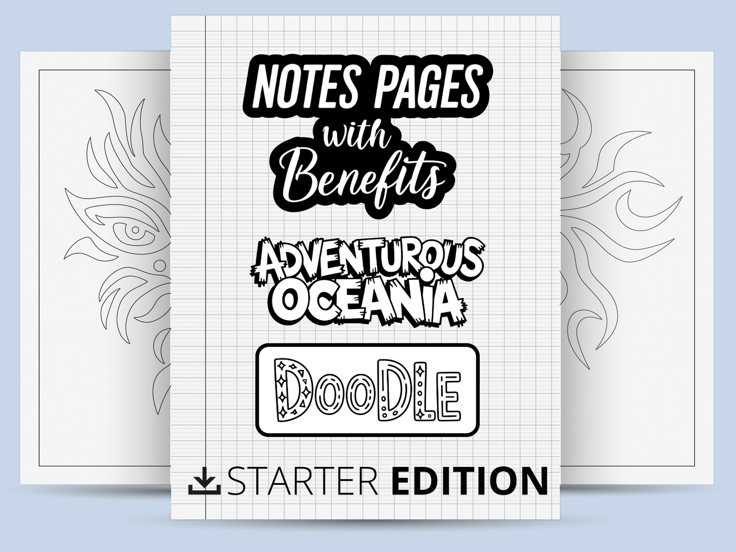 Notebook cover with text 'Notes Pages with Benefits' and 'Adventurous Oceania Doodle Starter Edition' on a light blue background.