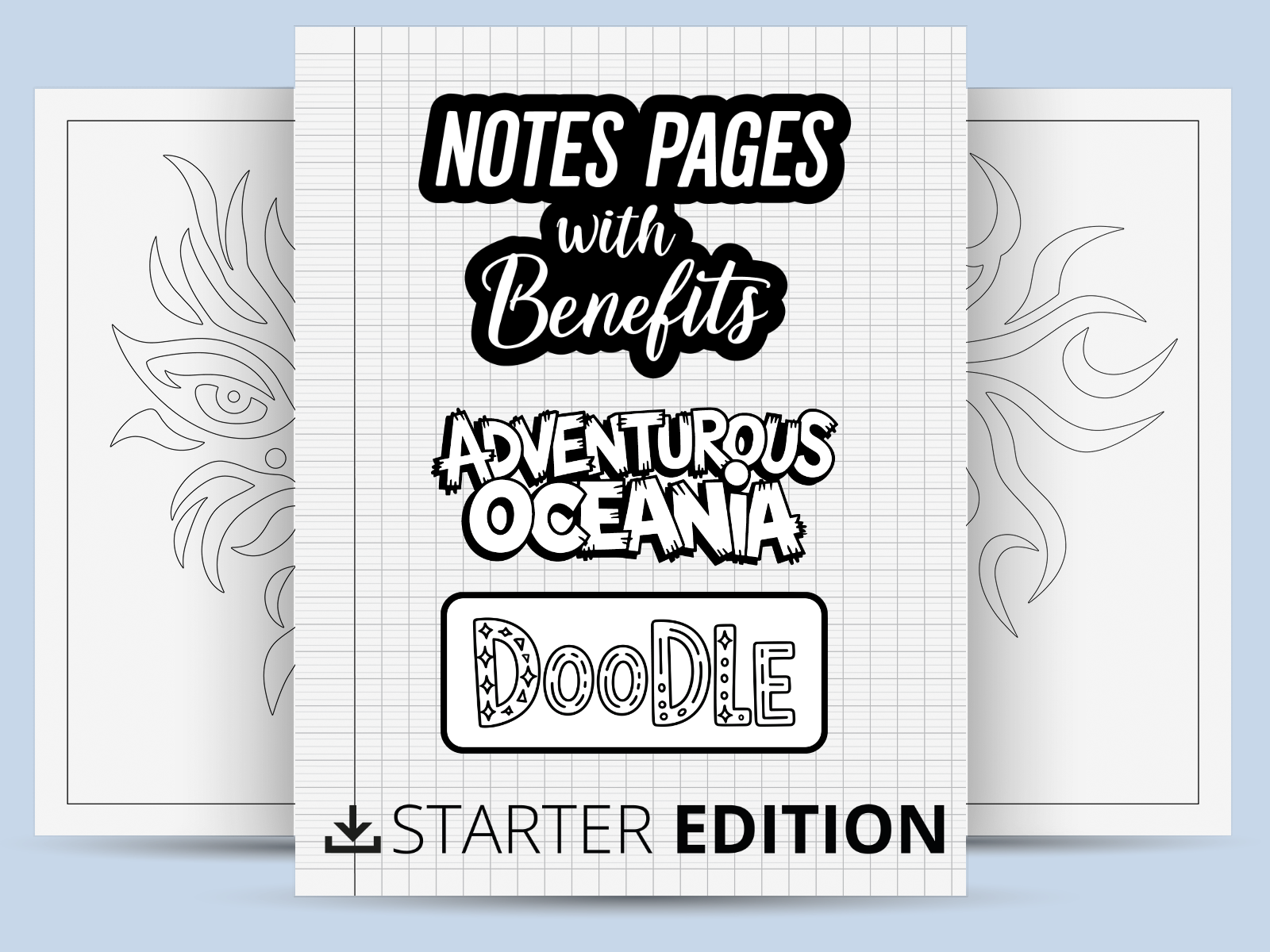 Notebook cover with text 'Notes Pages with Benefits' and 'Adventurous Oceania Doodle Starter Edition' on a light blue background.