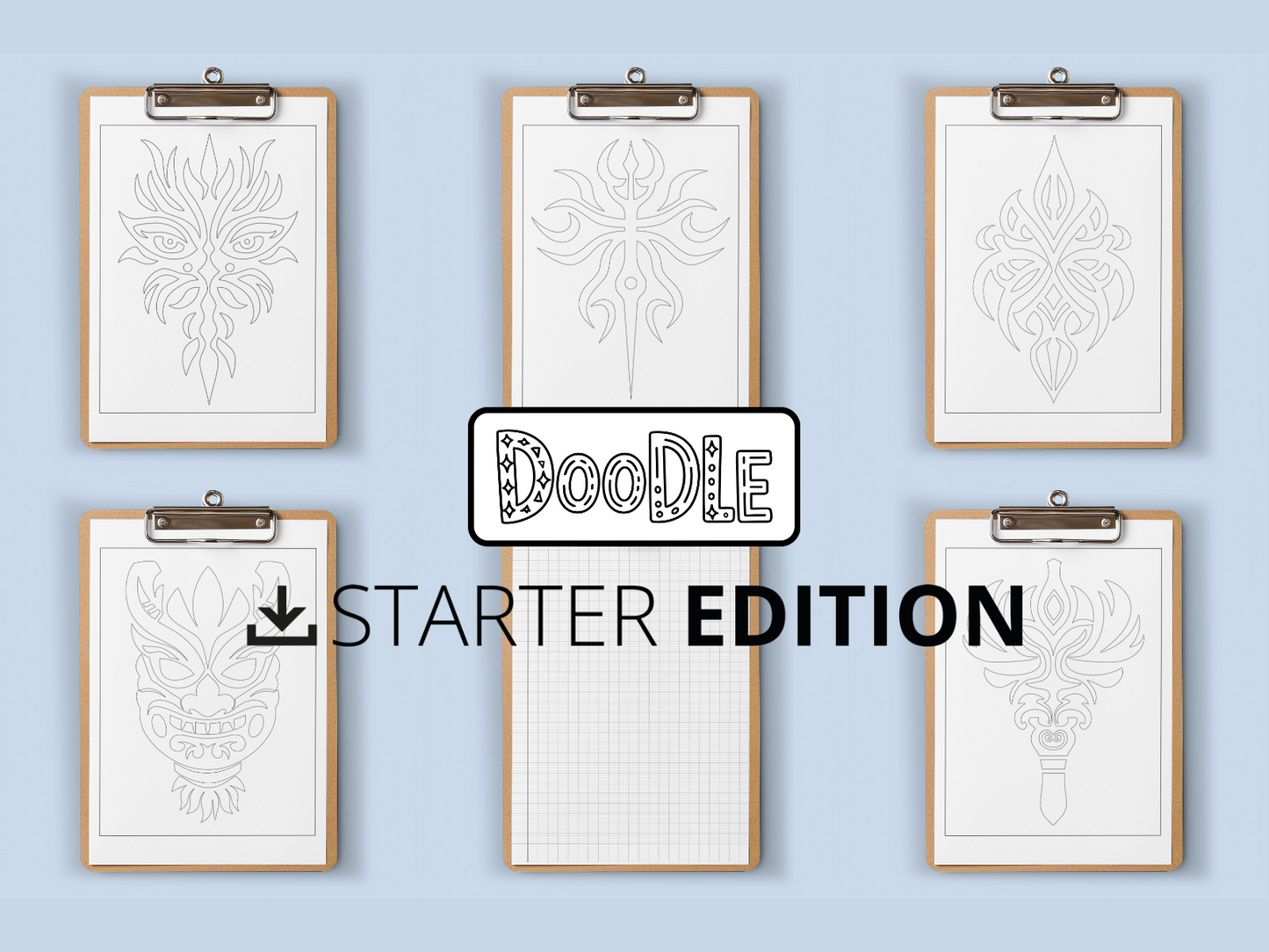 Six framed doodles on clipboards with 'Doodle Starter Edition' text on a light blue background.