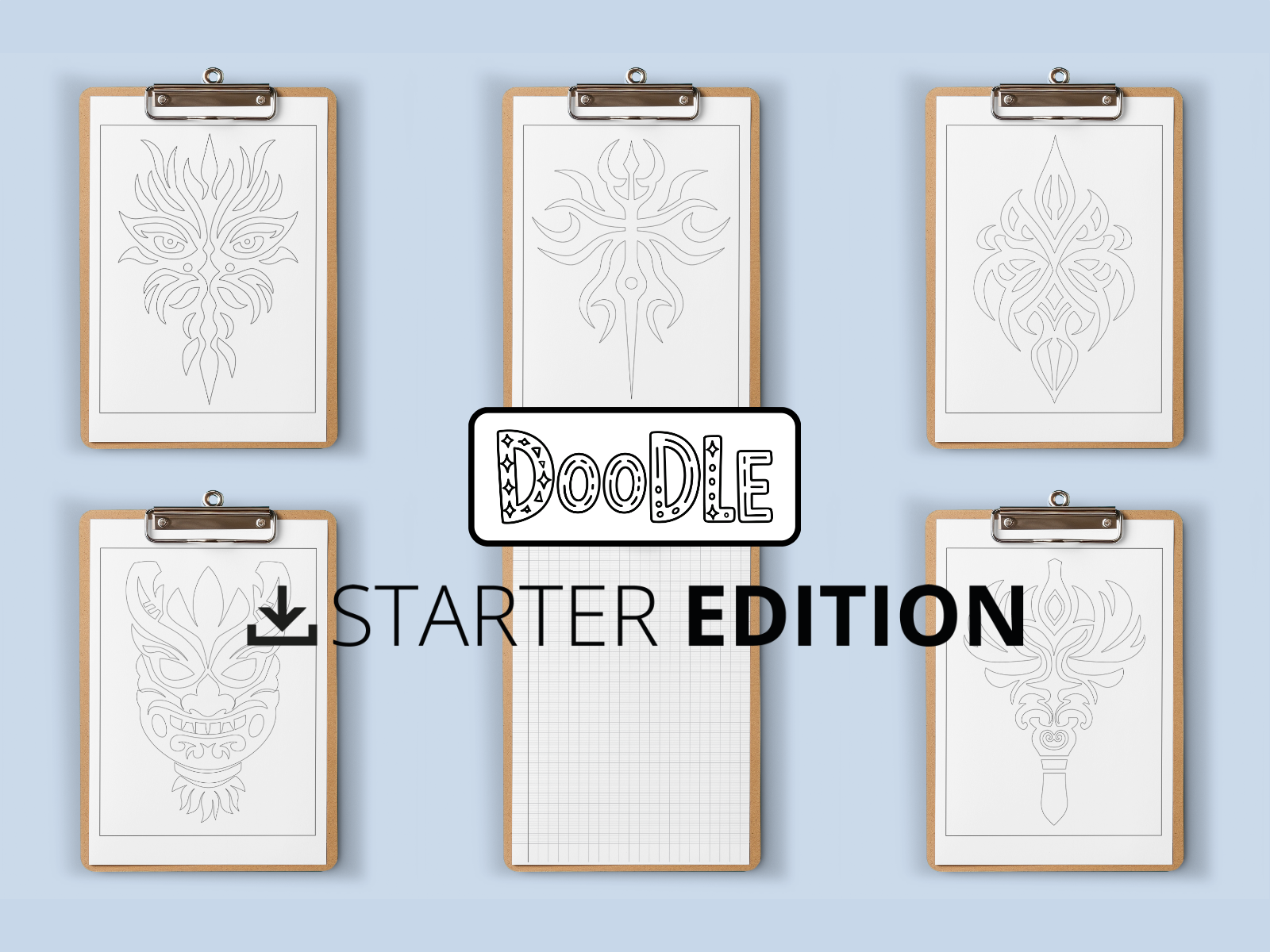 Six framed doodles on clipboards with 'Doodle Starter Edition' text on a light blue background.