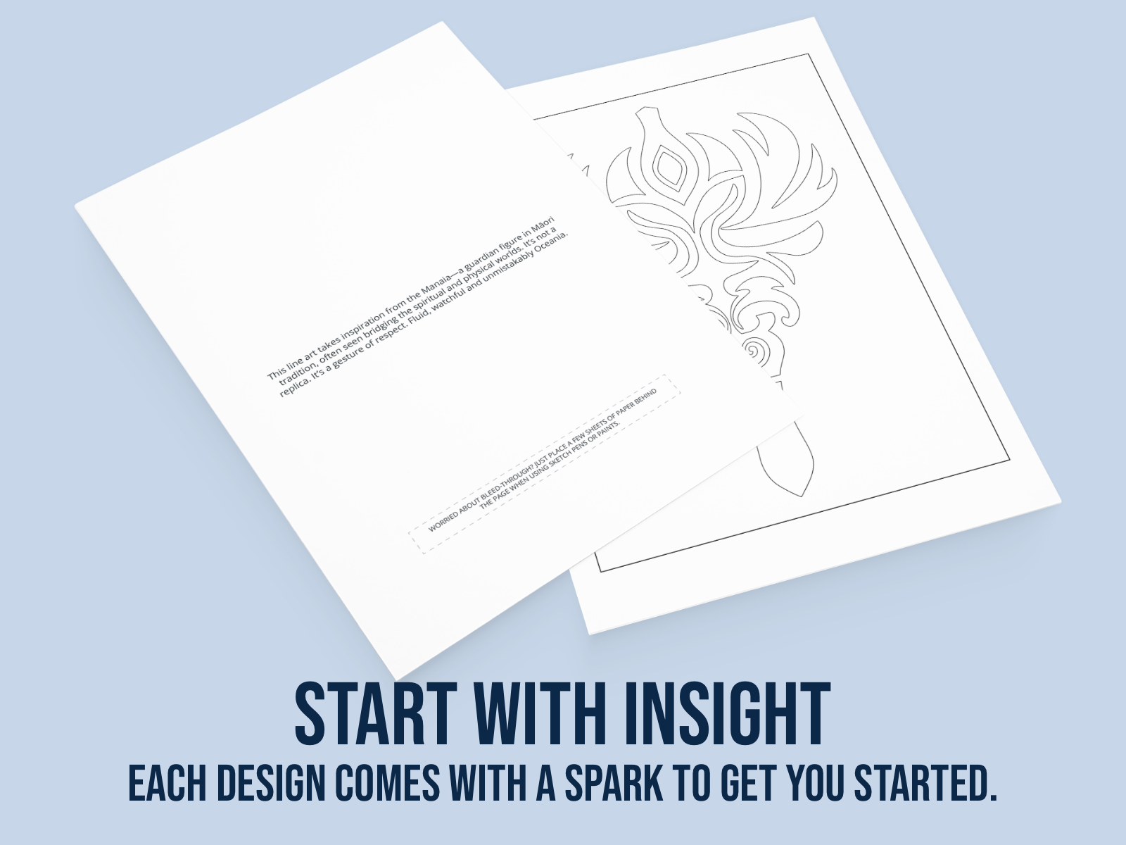 Two sheets of paper with design templates on a light blue background, featuring text about starting with insight.