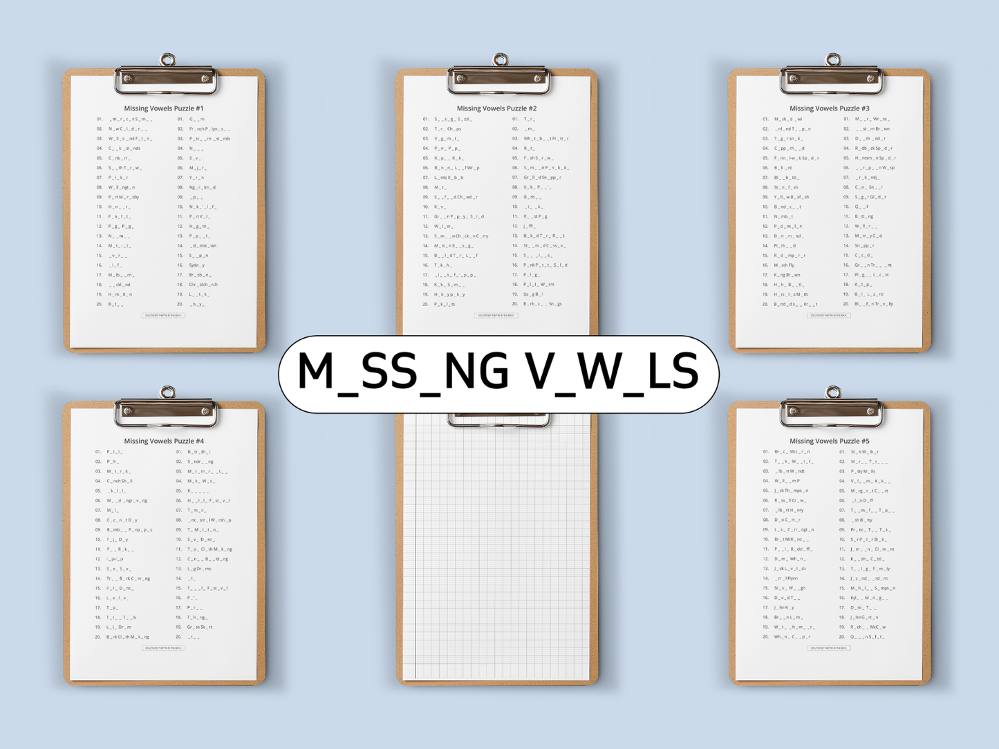 Six clipboards which shows Missing Vowels  puzzles on each one on a light blue background.