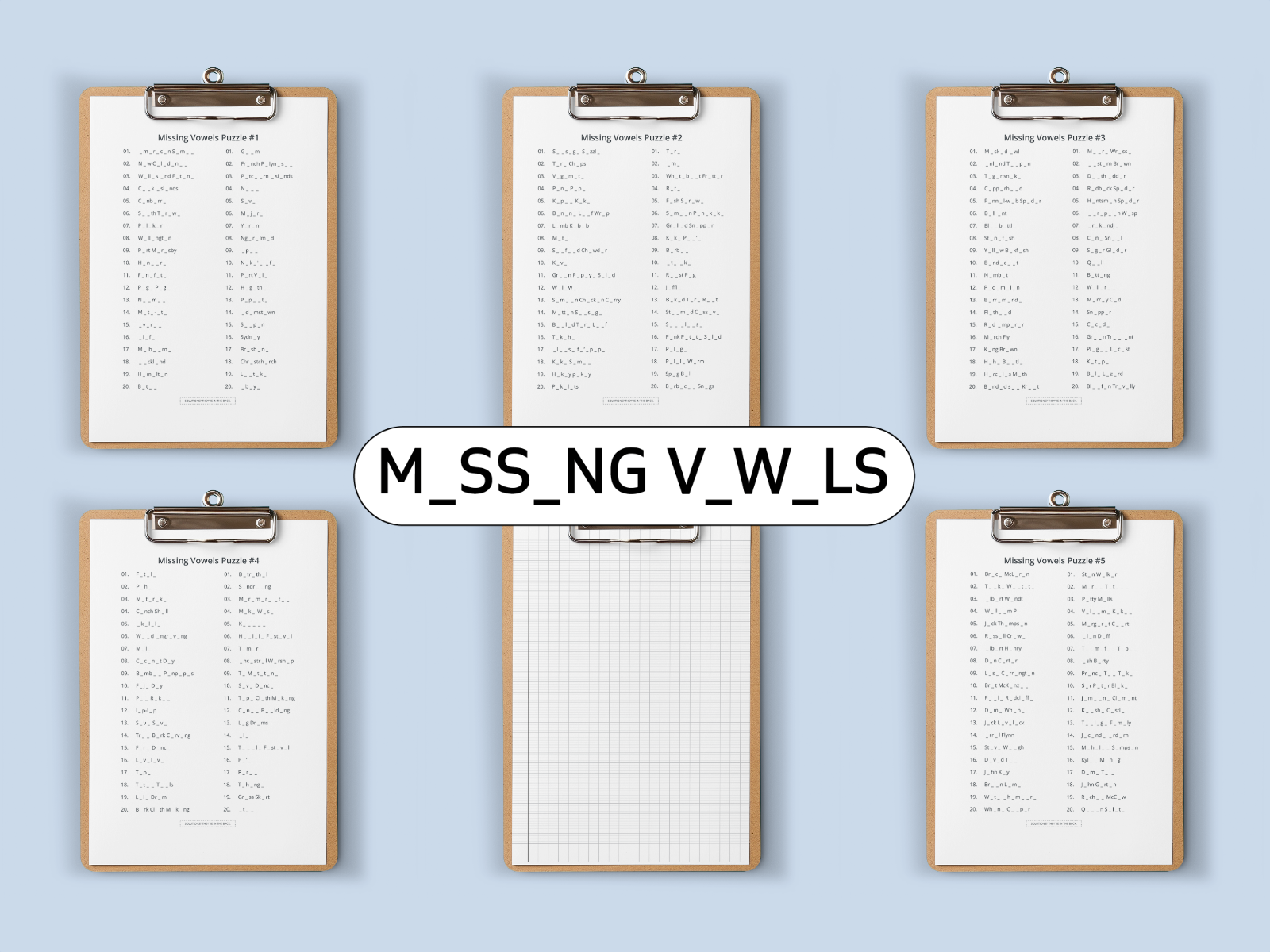 Six clipboards which shows Missing Vowels  puzzles on each one on a light blue background.